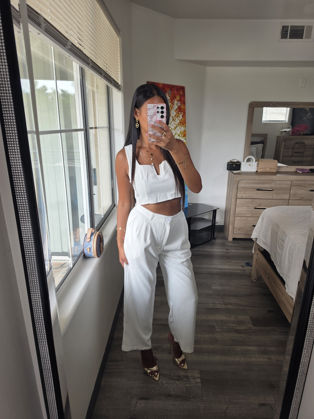 White High-Waist Wide-Leg Pants — Two-Piece Set